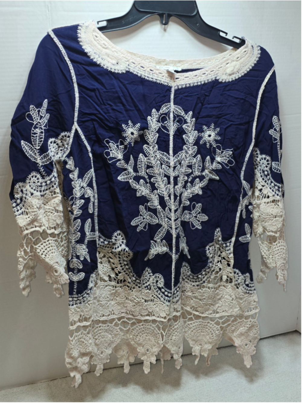 Women's Est. 1946 Tunic Top Size L Blue Beige Embroidered Crochet
